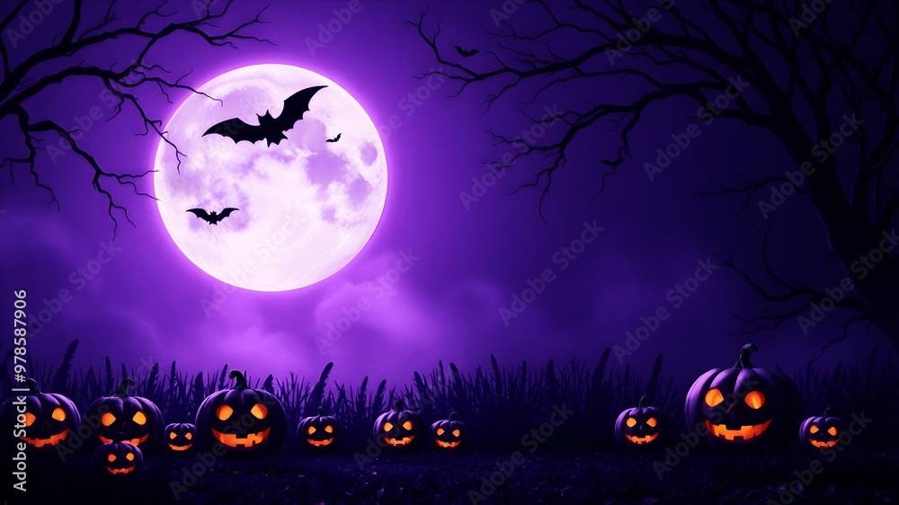 Halloween poster with jack-o-lanterns on haunting background. Purple holiday postcard with copyspace