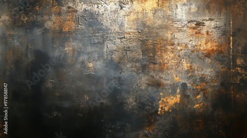 Abstract grunge wall with a mix of metal and concrete textures, scratches and dents visible, deep shadows and subtle light reflections, worn and corroded surfaces, urban decay theme