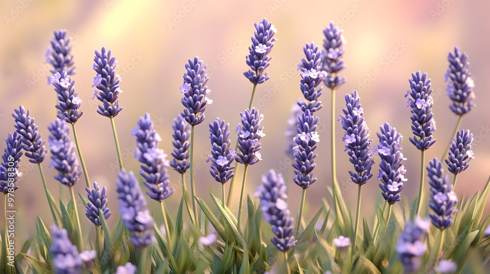 Obraz premium Illustration of lavender flowers in a botanical garden, finely detailed stalks and petals, hyper real, sharp images, high quality