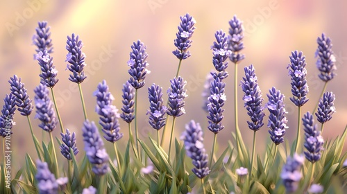 Illustration of lavender flowers in a botanical garden, finely detailed stalks and petals, hyper real, sharp images, high quality photo