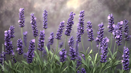 Illustration of lavender flowers in a botanical garden, finely detailed stalks and petals, hyper real, sharp images, high quality photo