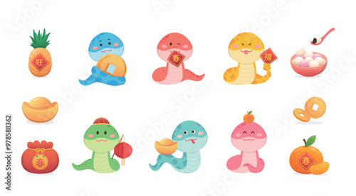 Vector illustration of snake character or cartoon character with Chinese New Year or Lantern Festival, glutinous rice balls and money bag, translation: spring