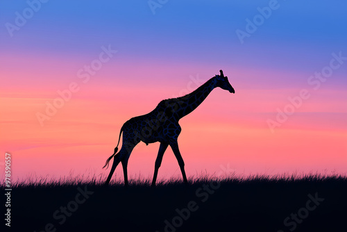 A silhouetted giraffe walks against a vibrant sunset sky, highlighting nature's beauty.