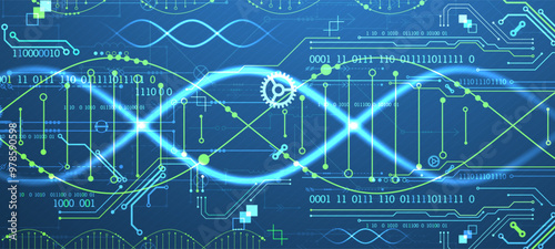 Scientific and technological background. Image of dna molecule with technological elements. Hand drawn vector.