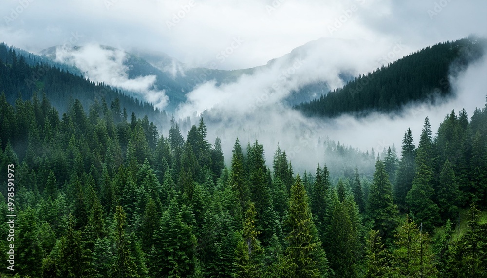 A fog-covered forest stretching across mountain valleys, ideal for showcasing the beauty of untouched wilderness and serene landscapes in nature-themed projects. A fog-covered forest stretching across mountain valleys, ideal for showcasing the beauty of untouched wilderness and serene landscapes in nature-themed projects.