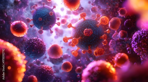 Microscopic view of cells affected by illness within an organism, with ambient, diffused lighting creating a natural look, hyper-realistic style emphasizing intricate details of the disease and