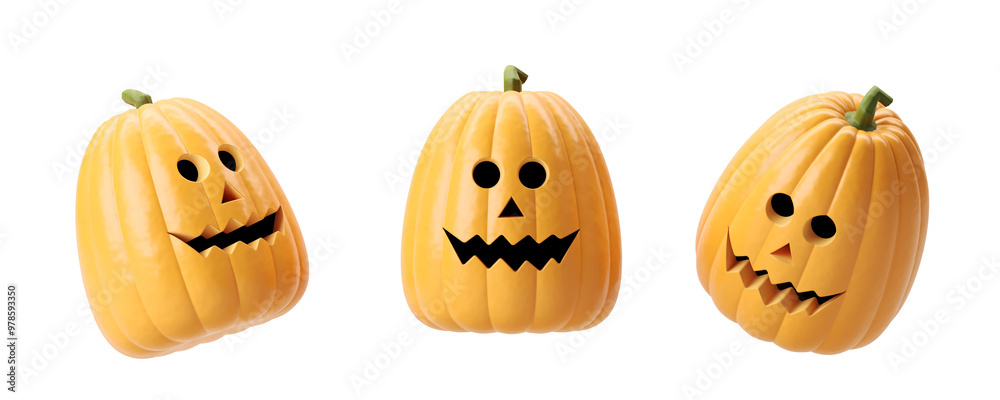 Fototapeta premium Three Halloween jack-o'-lanterns with varying facial expressions. They are placed against a white background, showcasing a festive Halloween concept. 3D Rendering