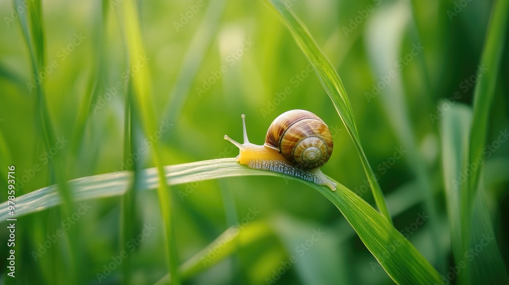 A close-up of a blade of grass with a small snail on it. A close-up of a blade of grass with a small snail on it.