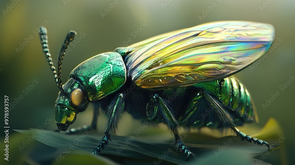 Fototapeta premium A close-up of a green beetle with iridescent wings.