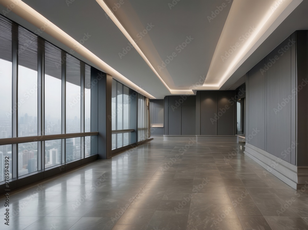 Modern, Empty, Grey Office Space with City Skyline View Modern, Empty, Grey Office Space with City Skyline View