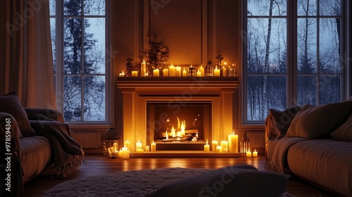 A cozy living room with a fireplace and candles casting a warm glow.