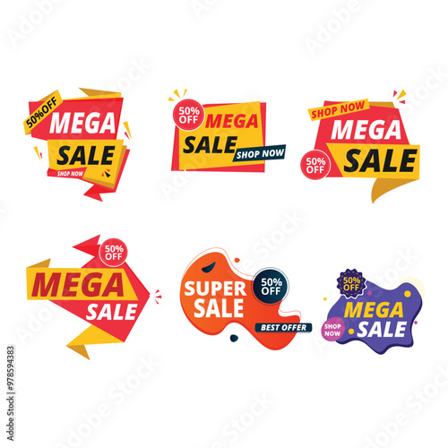 Sale tags collection. Special offer, big sale, discount, best sale, mega sale banner set. Shop or online shopping. combo offer, badge, super sale, store. Vector Illustration
