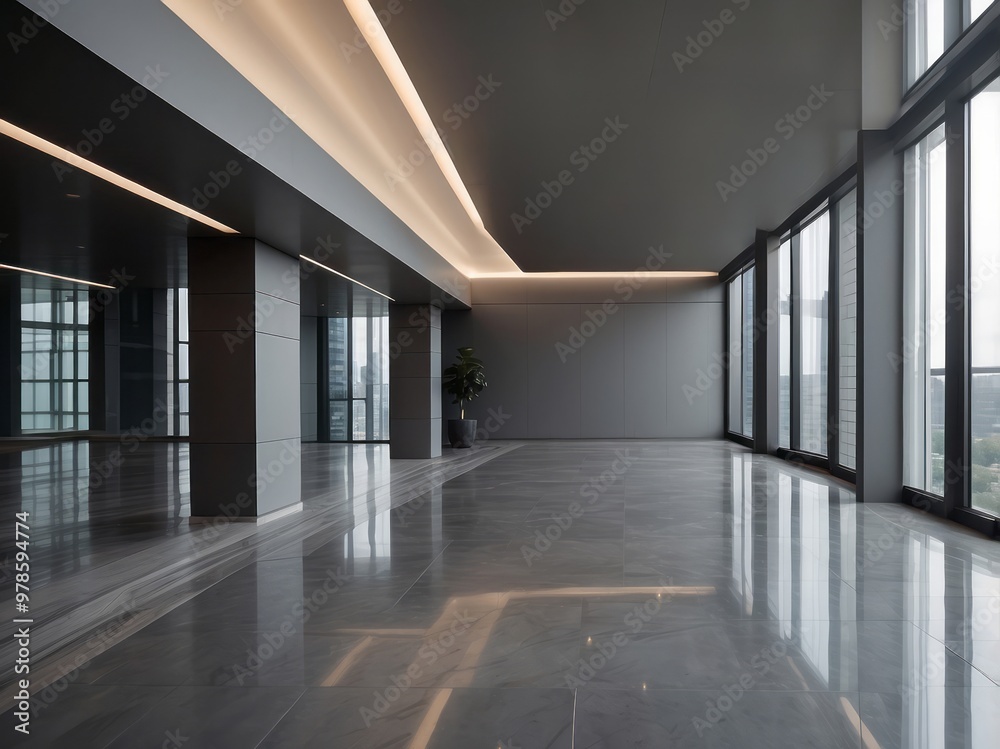 Modern Office Lobby with Floor-to-Ceiling Windows and Minimalist Design Modern Office Lobby with Floor-to-Ceiling Windows and Minimalist Design