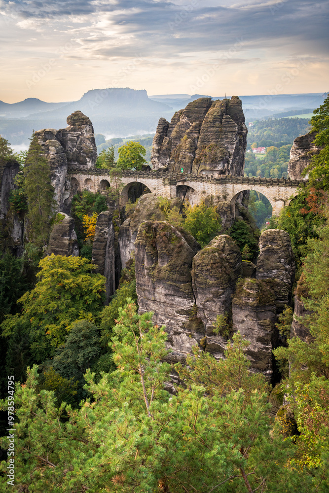 The Bastei Bridge at Saxon Switzerland National Park, or Nationalpark Sächsische Schweiz The Bastei Bridge at Saxon Switzerland National Park, or Nationalpark Sächsische Schweiz