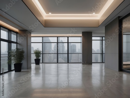 Modern Lobby with City View and Plants