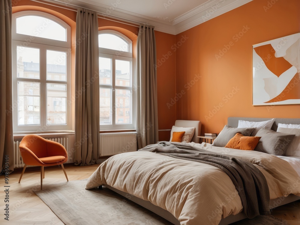 Modern Bedroom with Orange Walls and Large Windows Modern Bedroom with Orange Walls and Large Windows