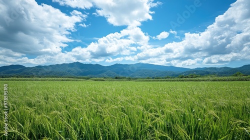 A field of green grass with a mountain range in the background.