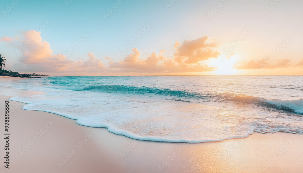 Crystal-clear turquoise waters with gentle waves lapping at a pristine beach under a golden sunset Crystal-clear turquoise waters with gentle waves lapping at a pristine beach under a golden sunset
