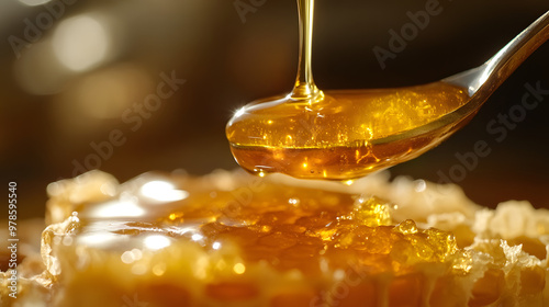 Close-up shot of golden honey drizzling from a spoon onto a honeycomb with a rustic background.