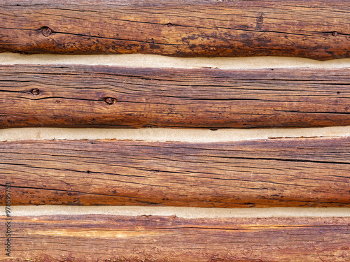 Detail of the rustic siding of a log cabin in Idaho, USA