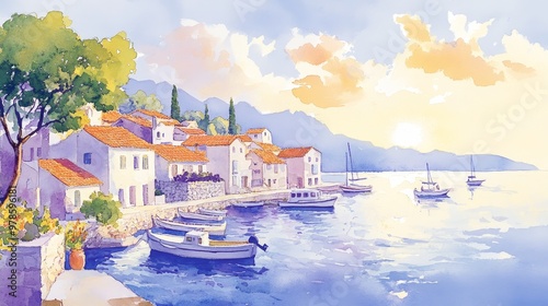 Vibrant seaside village in watercolor, boats rocking gently in the harbor under a golden sunset, colorful rooftops lining the cove, peaceful and inviting photo