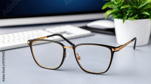 Vision Correction for Work - Bifocal Glasses on Desk with Computer in Background for Clear Vision, Copy Space Available