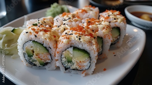 A plate of sushi rolls with avocado, cucumber, and spicy mayo.