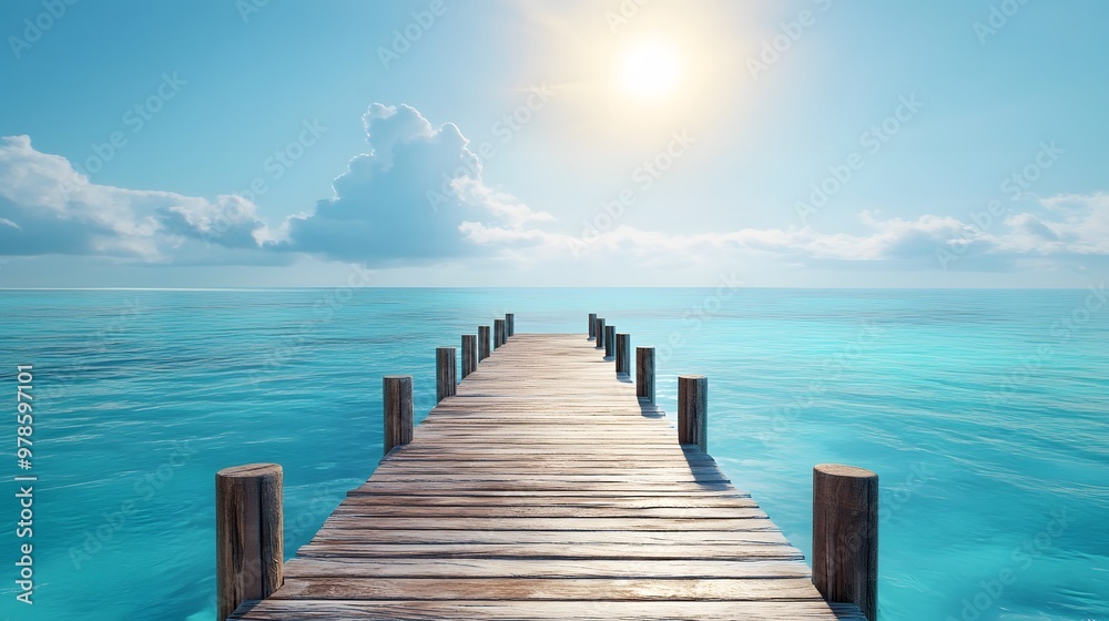 Obraz premium Perspective of a weathered wooden pier extending into vibrant turquoise sea waters, with a clear blue sky above and soft, golden light illuminating the scene, photorealistic style with intricate