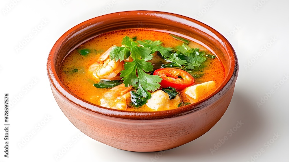 A vibrant bowl of shrimp soup, garnished with fresh herbs and colorful vegetables, ideal for food photography and culinary art. A vibrant bowl of shrimp soup, garnished with fresh herbs and colorful vegetables, ideal for food photography and culinary art.