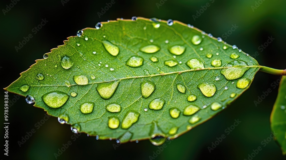 A vibrant green leaf with intricate veins and dew drops. A vibrant green leaf with intricate veins and dew drops.