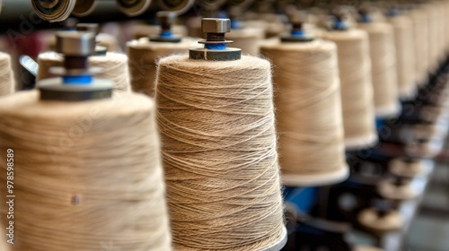 Yarn spools on a spinning machine in a textile factory  a visual of industrial production photo