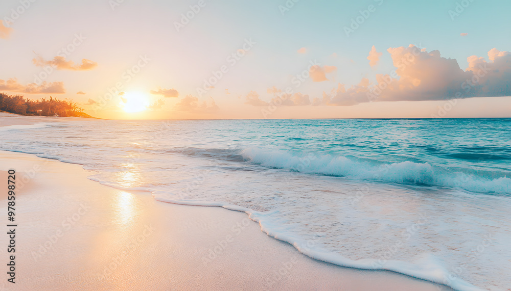 Fototapeta premium Crystal-clear turquoise waters with gentle waves lapping at a pristine beach under a golden sunset