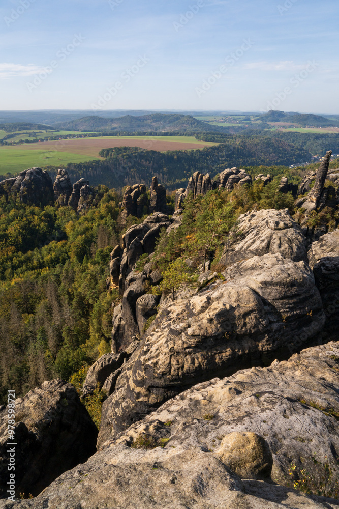 Rugged Rock Outcrops at an Overlook in Saxon Switzerland National Park, Nationalpark Sächsische Schweiz Rugged Rock Outcrops at an Overlook in Saxon Switzerland National Park, Nationalpark Sächsische Schweiz