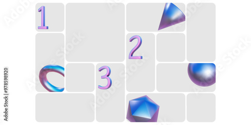 Grid layout template design. Rounded rectangular shape mosaic of square frames in bento box pattern. Product presentation infographic dashboard ui screen. Bricks for photo montage, landing graph