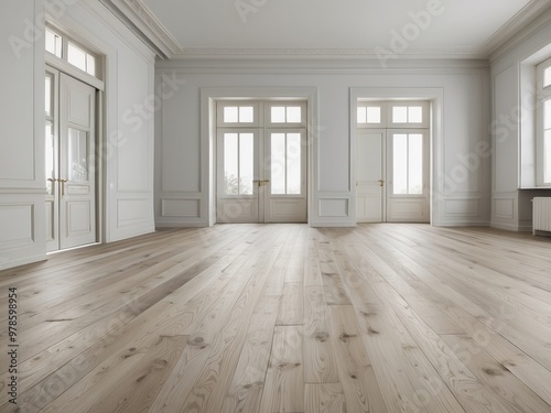 Wallpaper Mural Empty White Room With Wooden Floor and French Doors Torontodigital.ca