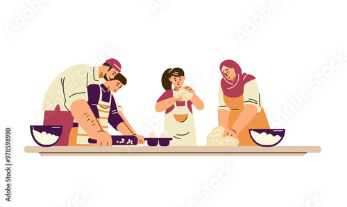 Illustration of Muslim family in the kitchen rolling and kneading dough together at the table.