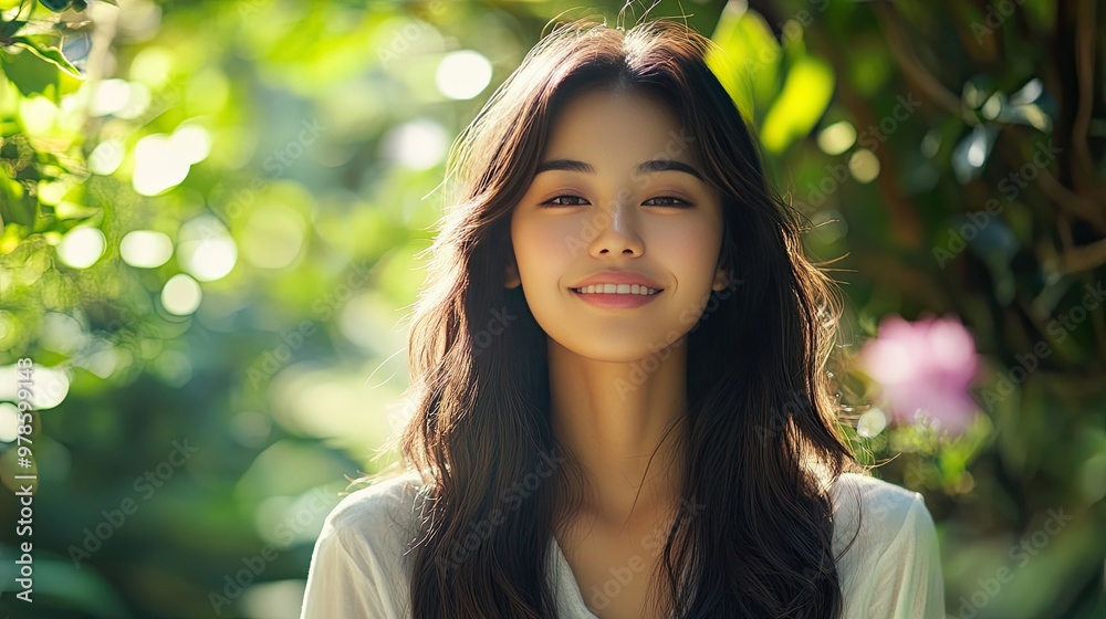 An Asian model with a serene smile, meditating in a peaceful garden. An Asian model with a serene smile, meditating in a peaceful garden.