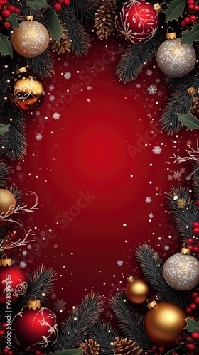 Christmas frame with red and gold ornaments, pine branches, and berries, copy space on red background