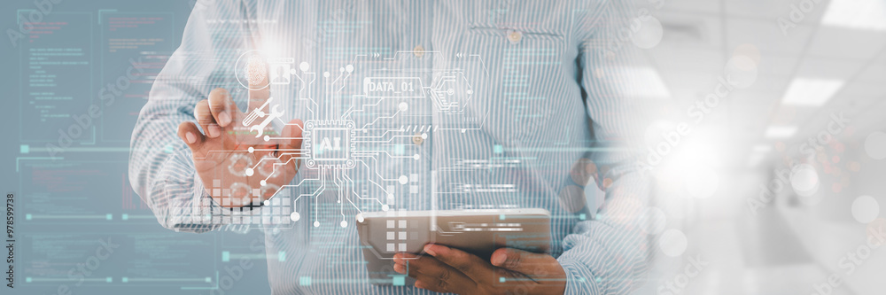 Cyber security and futuristic technology concept businessman using finger to touch fingerprint interface,to scan password,with technology icons and padlock,with artificial intelligence system or ai