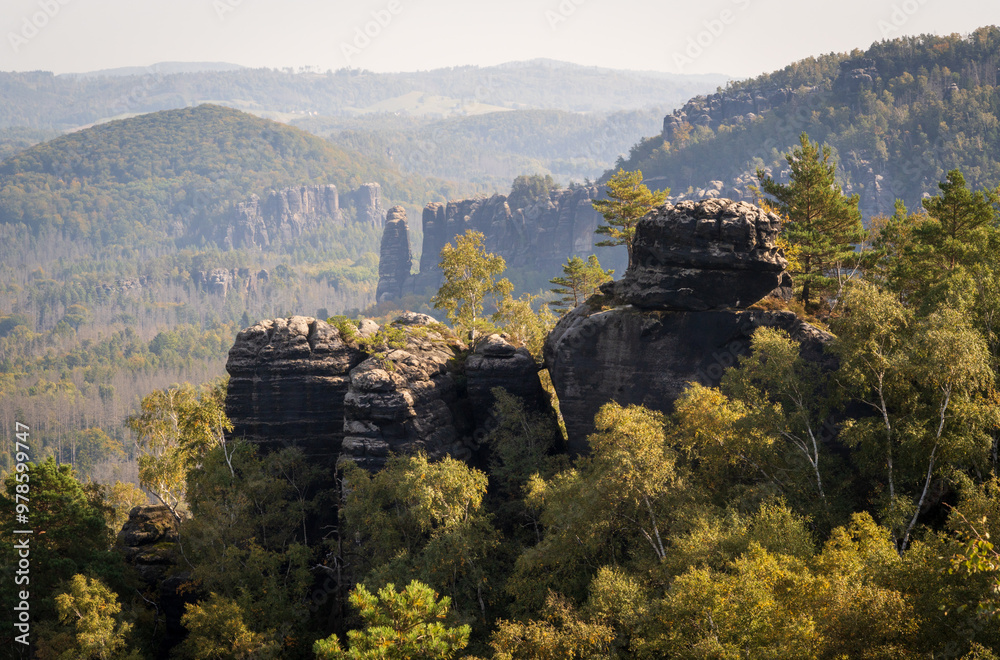 Rugged Rock Outcrops at an Overlook in Saxon Switzerland National Park, Nationalpark Sächsische Schweiz Rugged Rock Outcrops at an Overlook in Saxon Switzerland National Park, Nationalpark Sächsische Schweiz