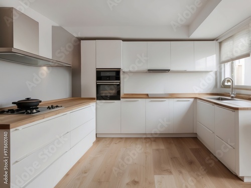 Modern White Kitchen with Wooden Countertop and Stainless Steel Appliances