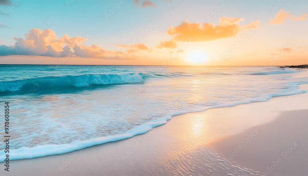 Obraz premium Crystal-clear turquoise waters with gentle waves lapping at a pristine beach under a golden sunset