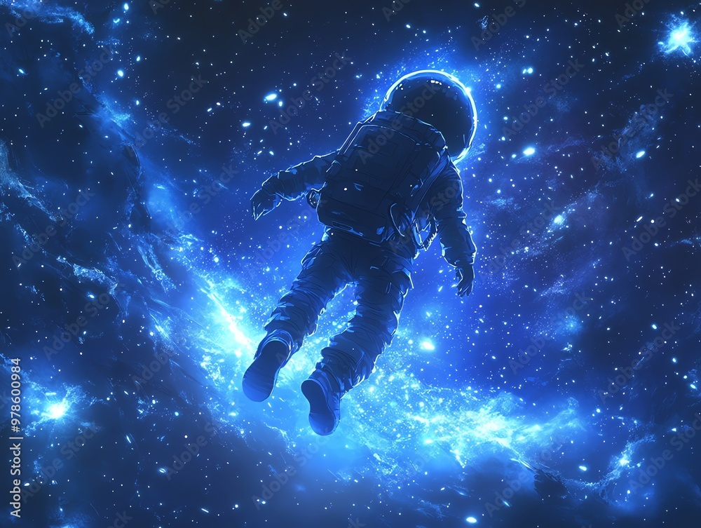 A lone astronaut floats through space, a faint blue glow emanating from their helmet, surrounded by a field of stars. A lone astronaut floats through space, a faint blue glow emanating from their helmet, surrounded by a field of stars.