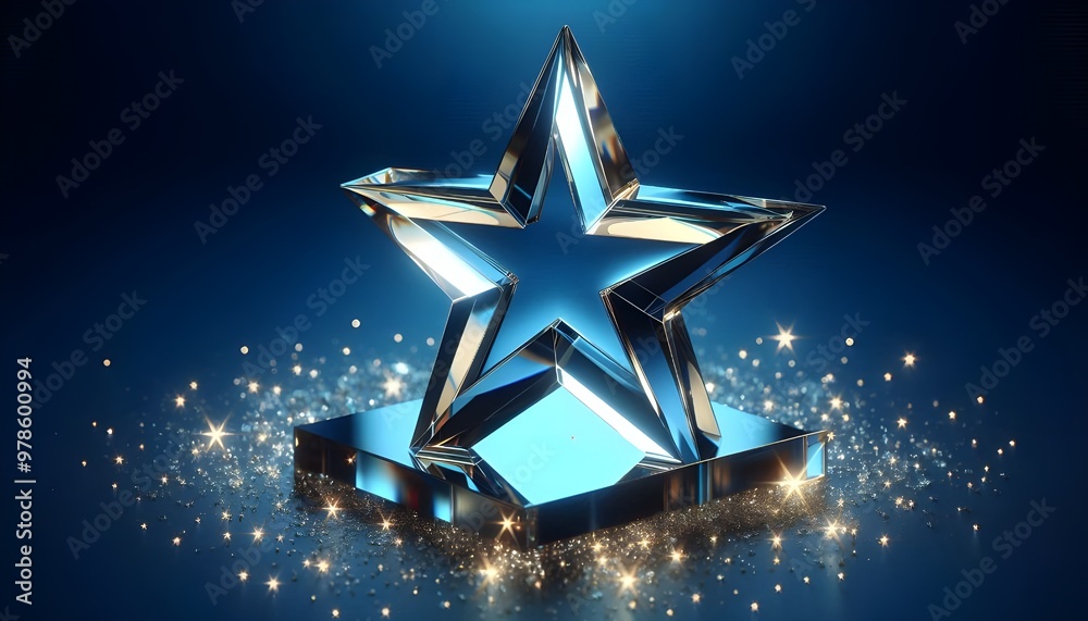 Glass star on blue background, symbolizing excellence and achievement. 3D Rendering Glass star on blue background, symbolizing excellence and achievement. 3D Rendering