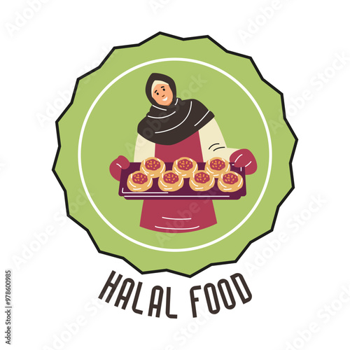 Oriental woman holds a festive hot halal pastry on a baking sheet.