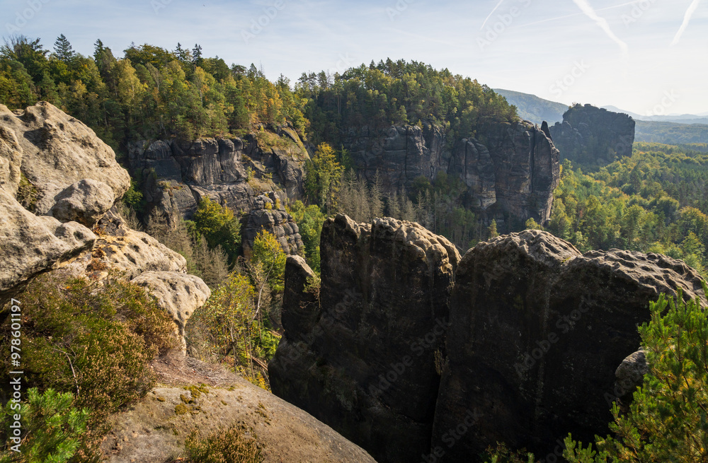 Rugged Rock Outcrops at an Overlook in Saxon Switzerland National Park, Nationalpark Sächsische Schweiz Rugged Rock Outcrops at an Overlook in Saxon Switzerland National Park, Nationalpark Sächsische Schweiz