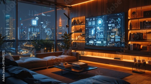 A modern home interior with smart lighting, an AI-powered entertainment system, and digital icons 