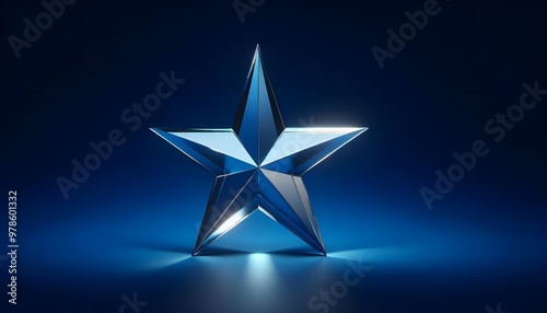 Glass star on blue background, symbolizing excellence and achievement. 3D Rendering