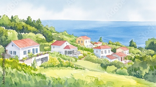 Wallpaper Mural A group of colorful houses nestled on a hill, surrounded by lush greenery, with a vast blue ocean in the background, artistic mix of watercolor and oil paint Torontodigital.ca