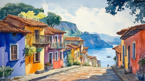 A charming coastal town in the soft morning light, narrow streets and colorful houses coming to life as the sun rises, watercolor